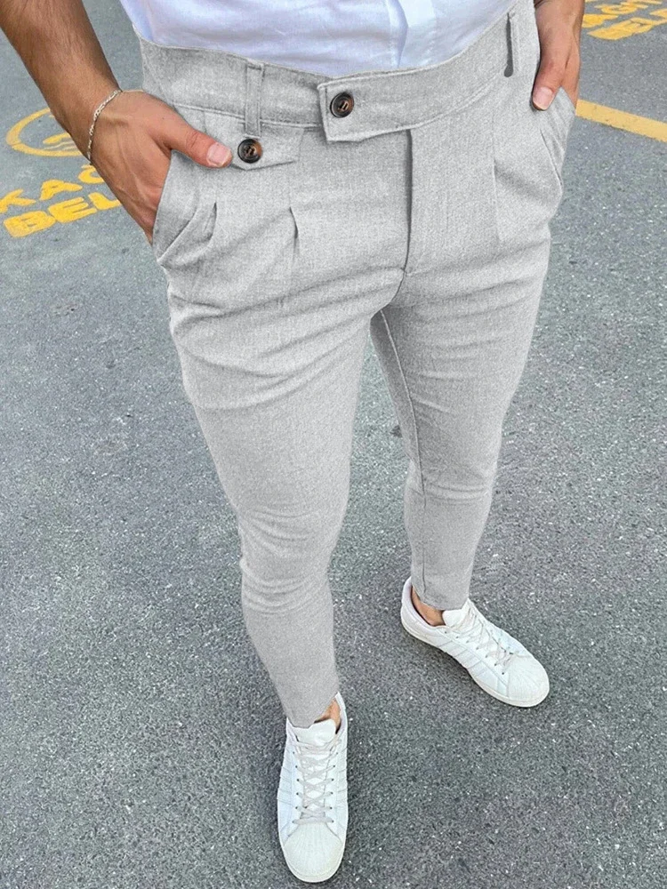 2024 Spring Summer New Casual Suit Trousers Men Vintage Solid Color Slim Pencil Pants Fashion Button Waist Design Mens Trousers