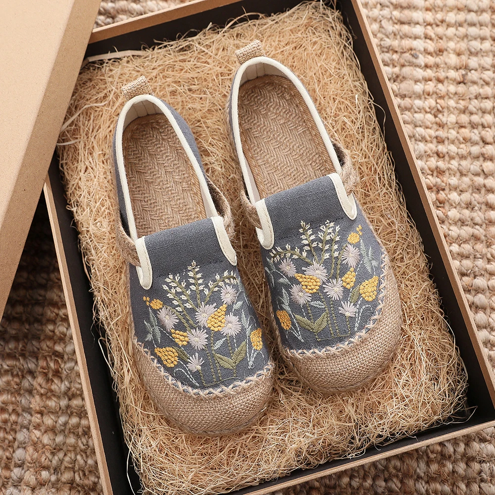 Veowalk Grass Embroidered Women Handmade Linen Canvas Slip On Loafers Comfortable Summer Spring Flat Walking Shoes Black Beige