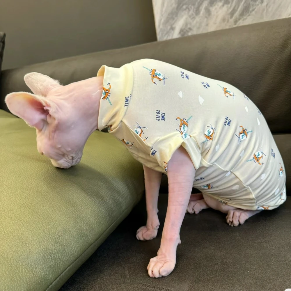 Short-Sleeved Cotton T-Shirt for Male Cats Summer Beige Cartoon Helicopter Coat for Sphynx Cat Devon Rex Soft Loungewear Spring