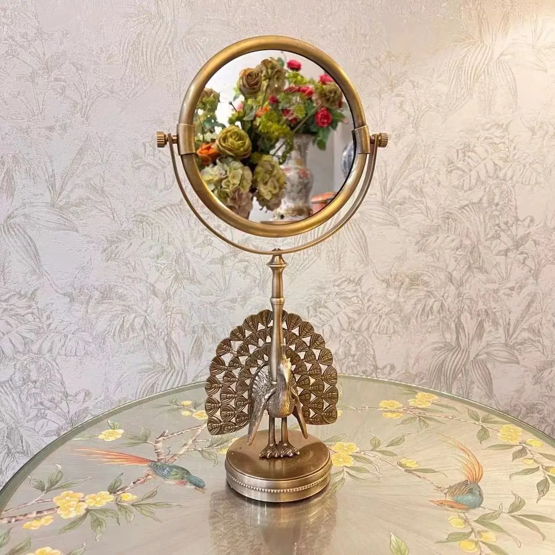 Vintage brass peacock double-sided mirror, makeup mirror, bedroom tabletop desktop vanity mirror, wedding ornament