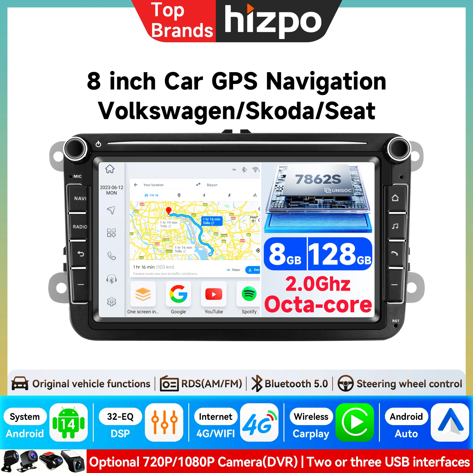 Radio para Auto Hizpo de 7'' con Carplay, 4G, Sistema Android 14, 2Din, para Volkswagen Golf 5 6 Polo Passat B6 B7 CC Skoda Jetta