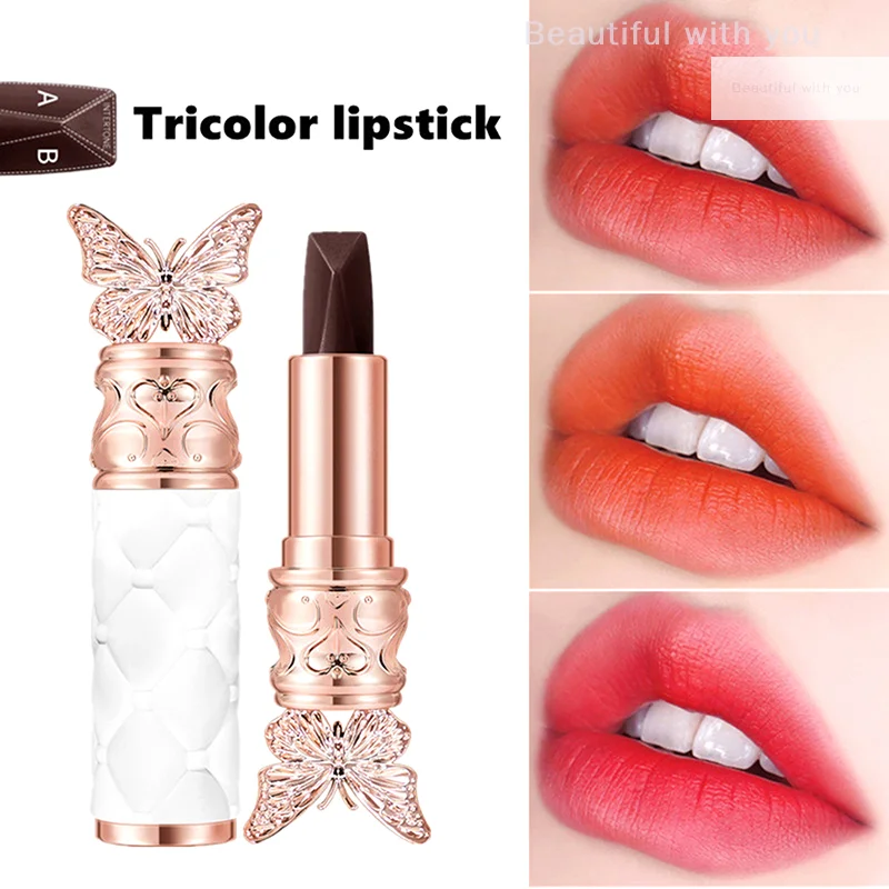 

Satin-Like Color-Holding Tri-Color Lipstick Waterproof Long Lasting Liquid Lipstick Tint Moisturizing Tear Off Lip Stain Gift