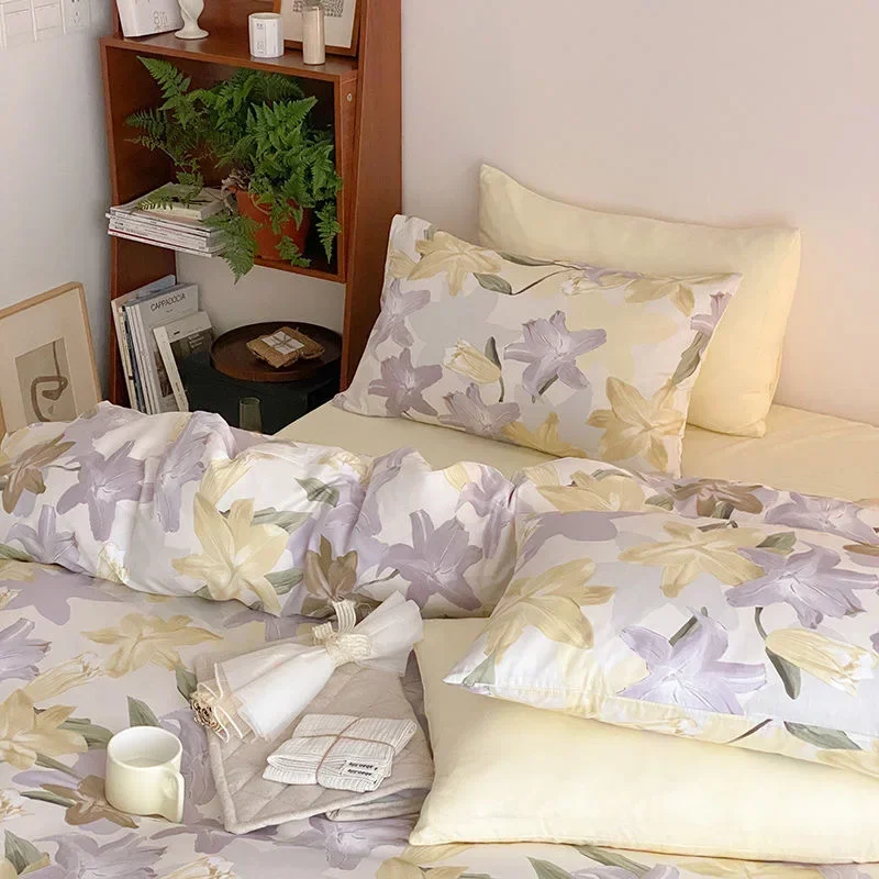 

100% Cotton Lily Flower-covered Duvet Cover Single/Queen/King Size HomeTextile Bedsheet Quilt Cover Soft Luxury Bedding Set