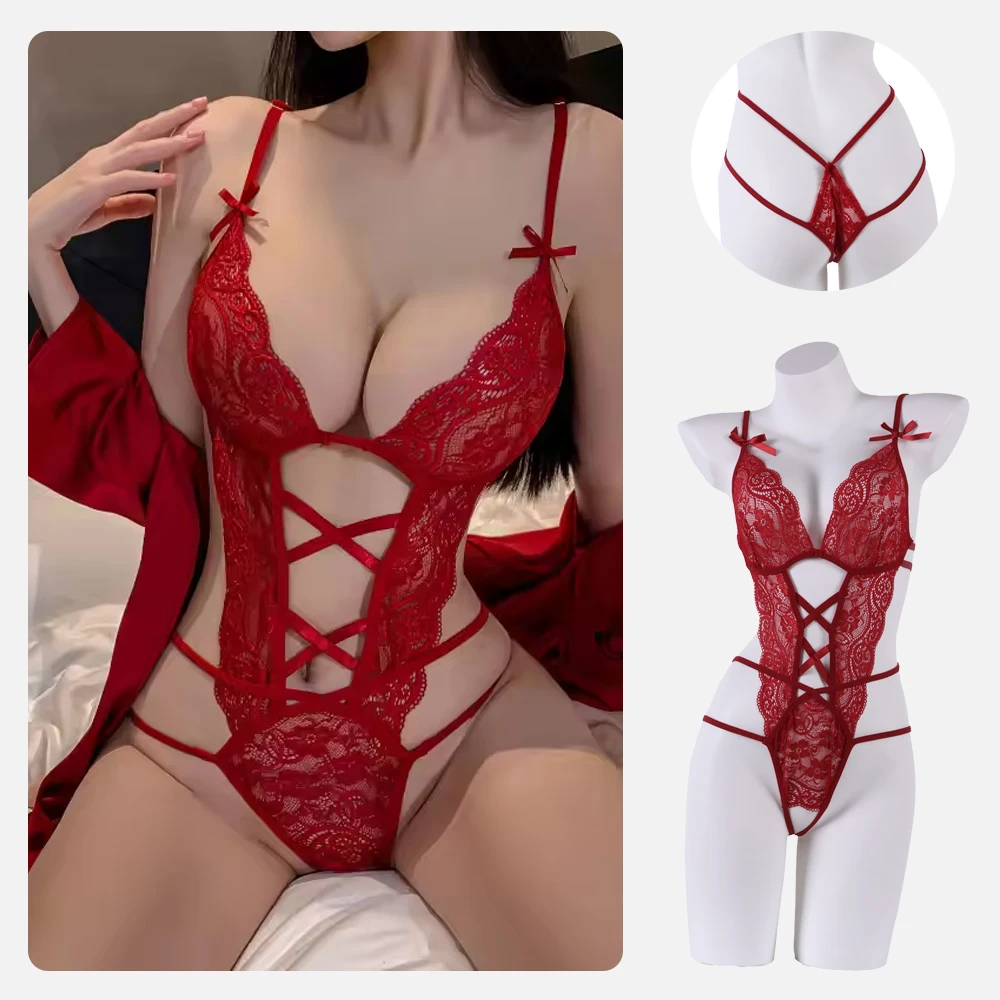 

Sexy Hollow Naughty Lingerie Red Bodysuit for Women Exposed Chest Thong Underwear Temptation Erotic Costumes Exotic Nightdress