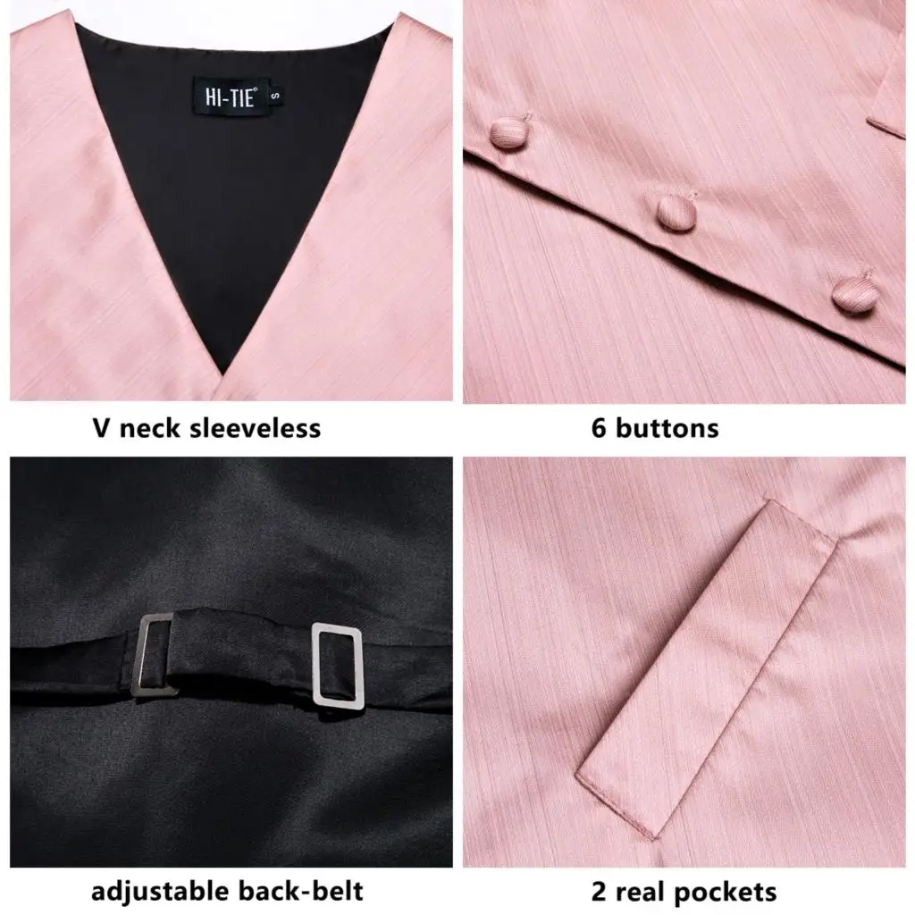 Hi-Tie Luxury Silk Mens Vests Rose Gold Pink Striped Waistcoat Necktie Bowtie Hanky Cufflinks Set Waist Jacket For Men Wedding