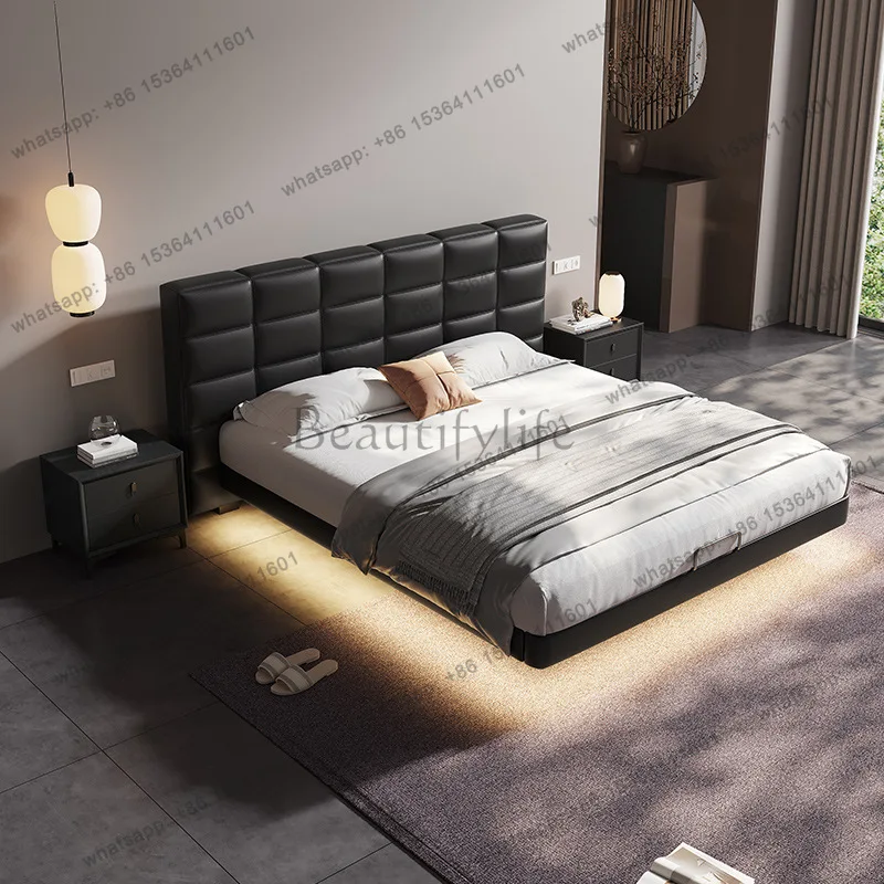 Factory Direct Sales Modern Minimalist Leather Bed Vintage Suspension Soft Bag Sensor Light Big Bed