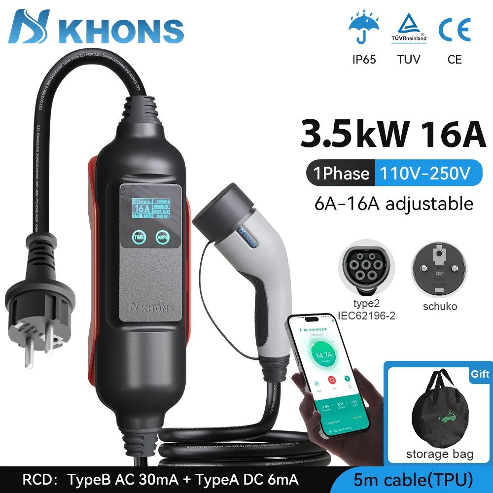 Khons EV Portable Charger Type2 3.5KW 16A WIFI-APP EV Charger With Schuko Plug Suitable For Electric Vehicles 5m TPU Cable