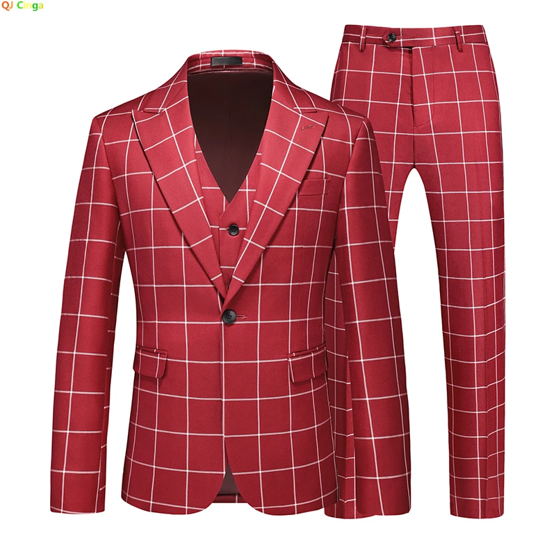 Classic Plaid Men\'s Suit 3 Piece Set, Fashion Slim Fit Dress Jacket & Pants Vest,Red,Blue,Black,Asian Size M-5XL,6XL