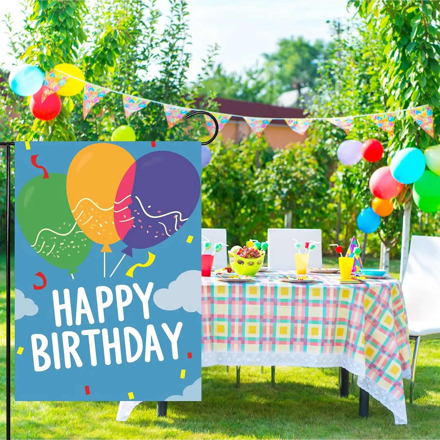 Happy Birthday Garden Flag, Burlap Small Yard Sign, Double-Sided 12x18 Inch for Birthday Party Balloons Indoor Outdoor Lawn  kkz