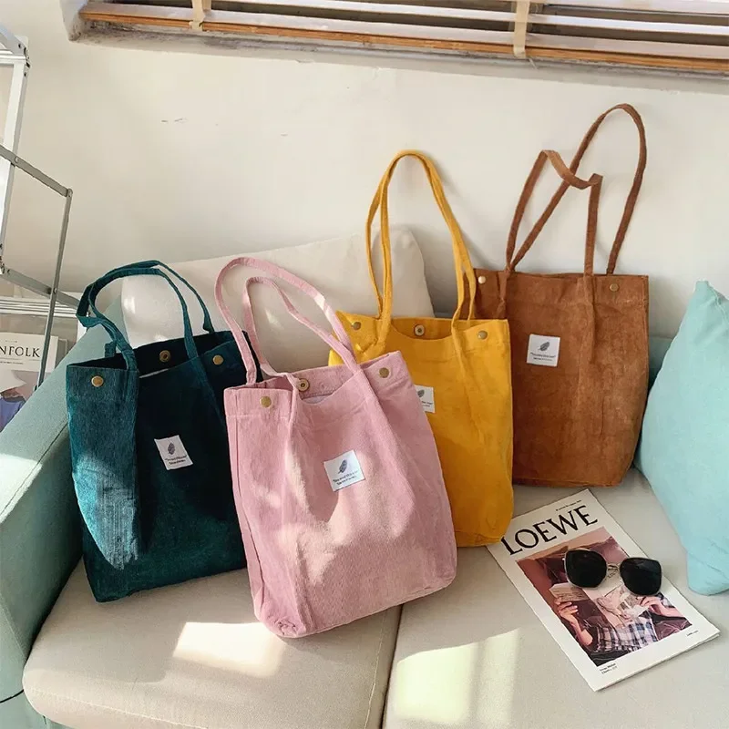 Bolso de pana, bolsos para mujer, bolsos de hombro para mujer, almacenamiento ambiental suave, reutilizable, bolso de compras pequeño y grande para niñas