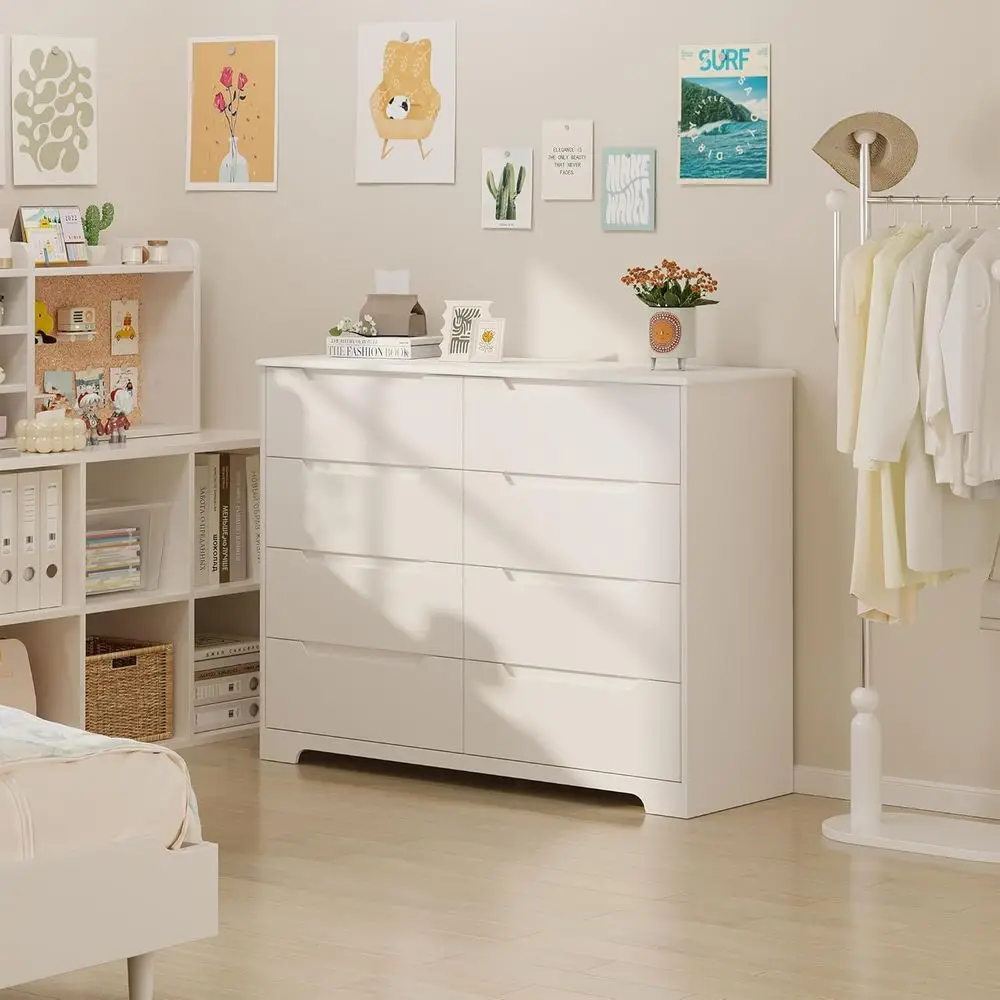 8 Wide White Dresser or Bedroom, Cut-Out Handles, Wooden Chest with Anti-Tip Kit, Living Room, Hallway, Entryway, Home Office
