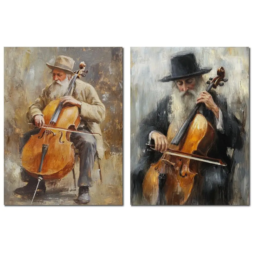 

Hand-Painted Jewish Music Canvas Art Oil Painting Playing Cello Modern Judaic Portrait Artwork Office Hallway Decor Large Gift