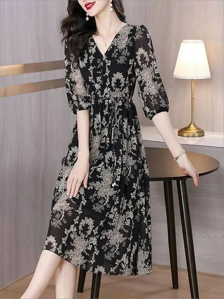 

Vintage Elegant Floral Printing Chiffon Dresses Summer 2025 Half Sleeve V-Neck Loose Pullover Midi Dress Ladies Clothing