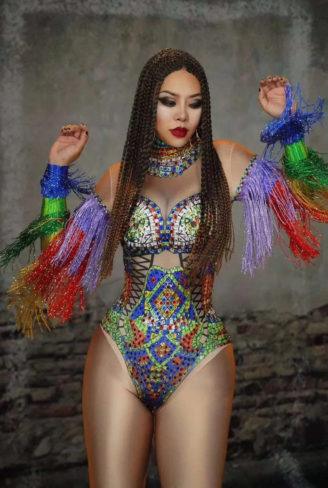 Justaucorps de chanteur pour femmes, cristaux, strass, manches à pampilles, pôle de Bar, spectacle de danse latine, Costume Drag Queen