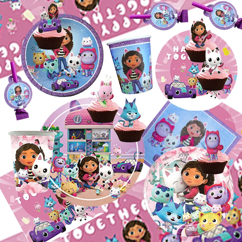 Nouvelles décorations de fête d'anniversaire Gabby Dollhouse : assiettes, gobelets, serviettes, nappes, vaisselle, bannière et ballons