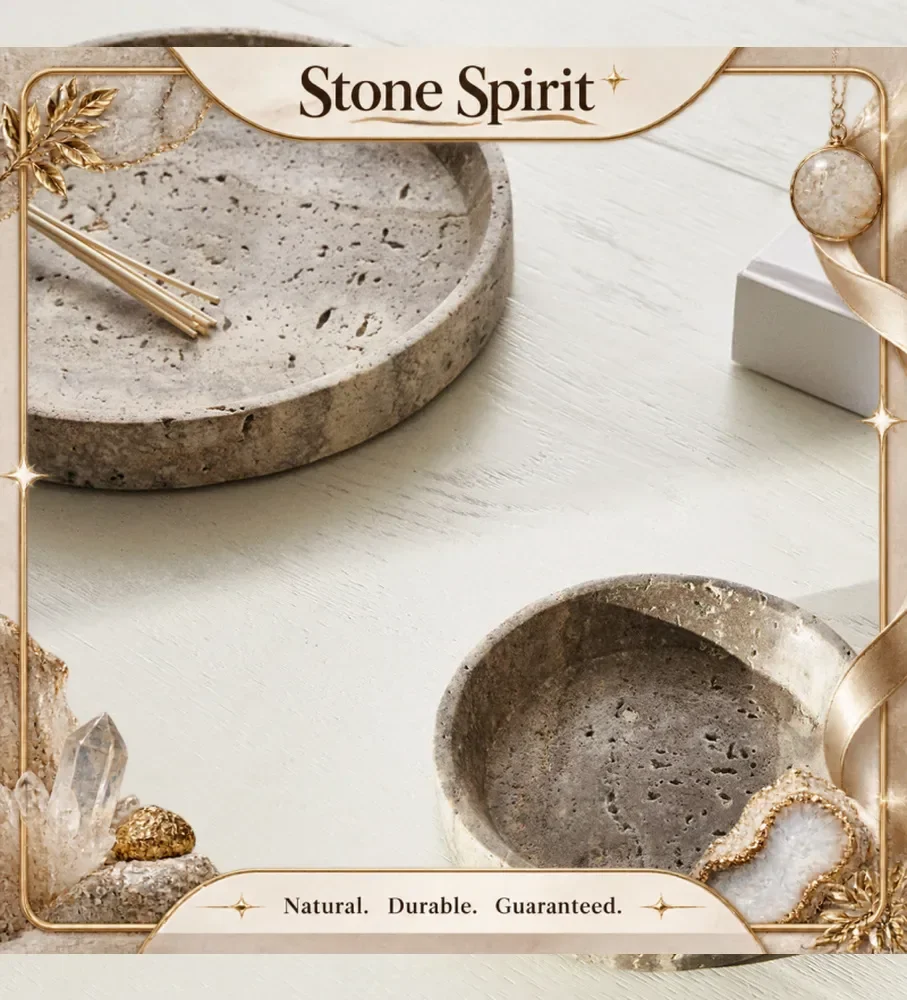【Natural】Natural Silver Limestone Cave Stone Grey Travertine Tray Round Marble Stone Pallet Catchall Storage