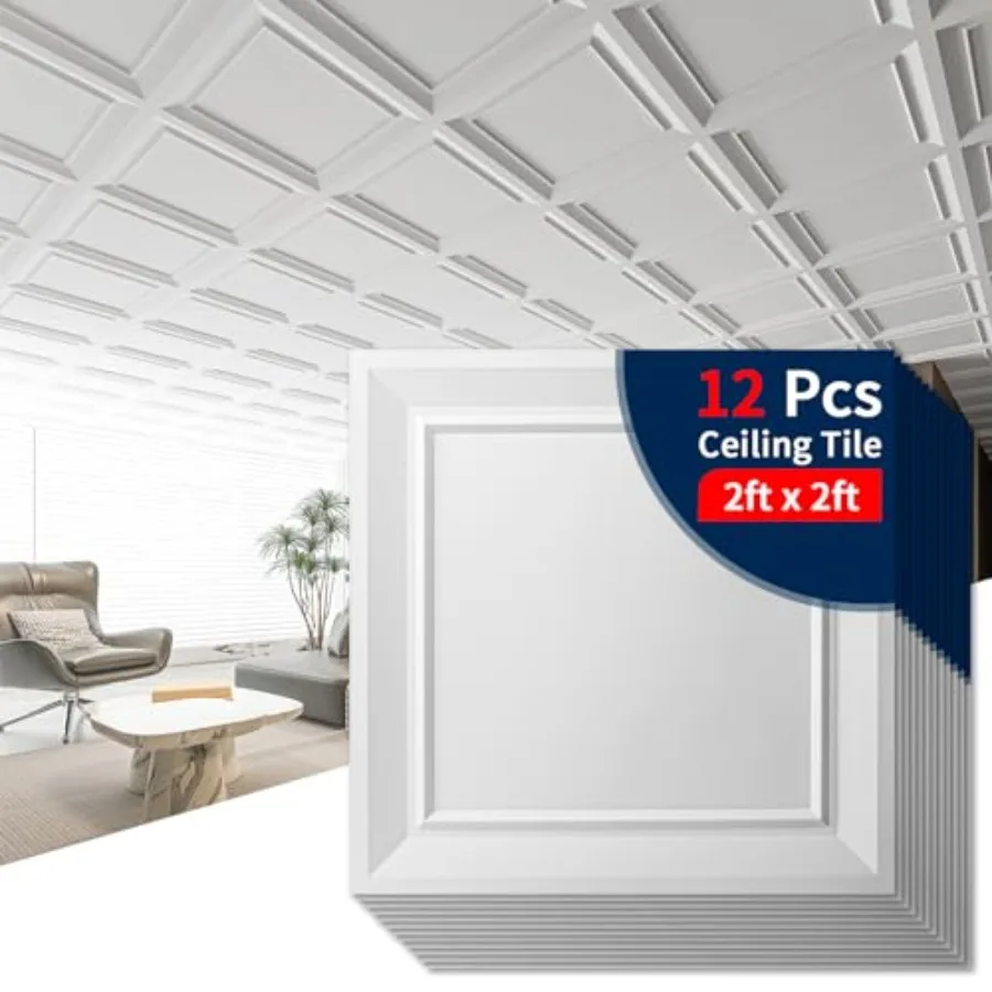 

Ceiling Tiles 24 x 24 Drop Ceiling Tiles, Drop in High Grade PVC Wall Panels, Fire Rated, Waterproof, Light Weight, Cover 48 Sq