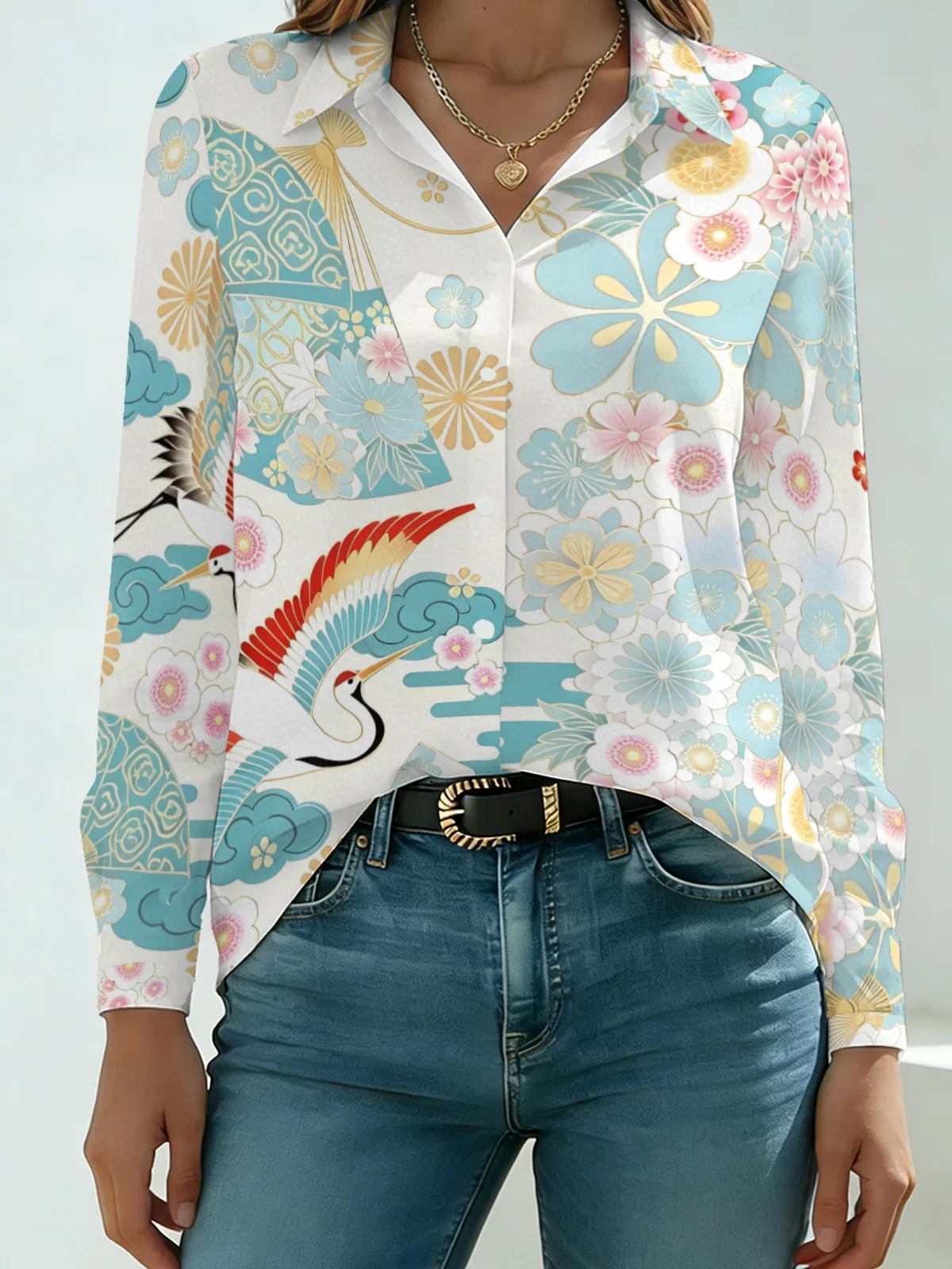 Artistic Oriental Crane Flower Womens Collared Shirt White Base Gold Line Sakura Cloud Allover Print Long Sleeve Gentle Dating