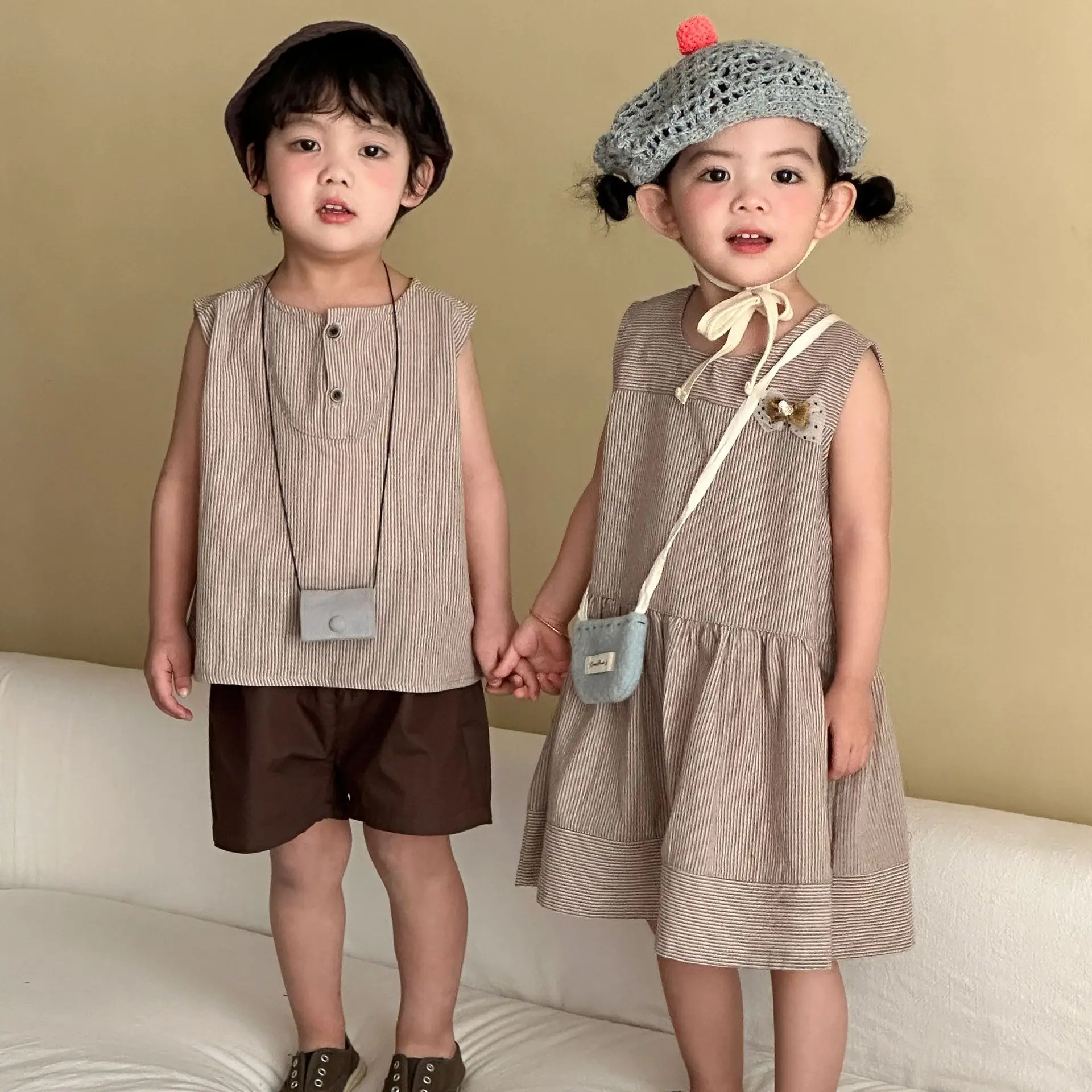 

2026 Summer New Children Sleeveless Clothes Set Boys Striped Tops + Shorts 2pcs Suit Girls Vest Dress Brother Sisters Outfit