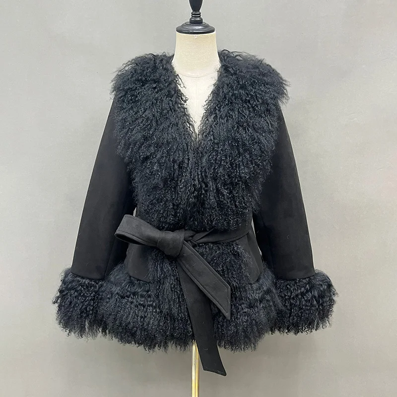 Lady Luxury Winter Thick Warm Mongolian Sheep Fur Collar Cuffs Natural Fur Coats Women Stand Collar Crop Jacket LZ6513