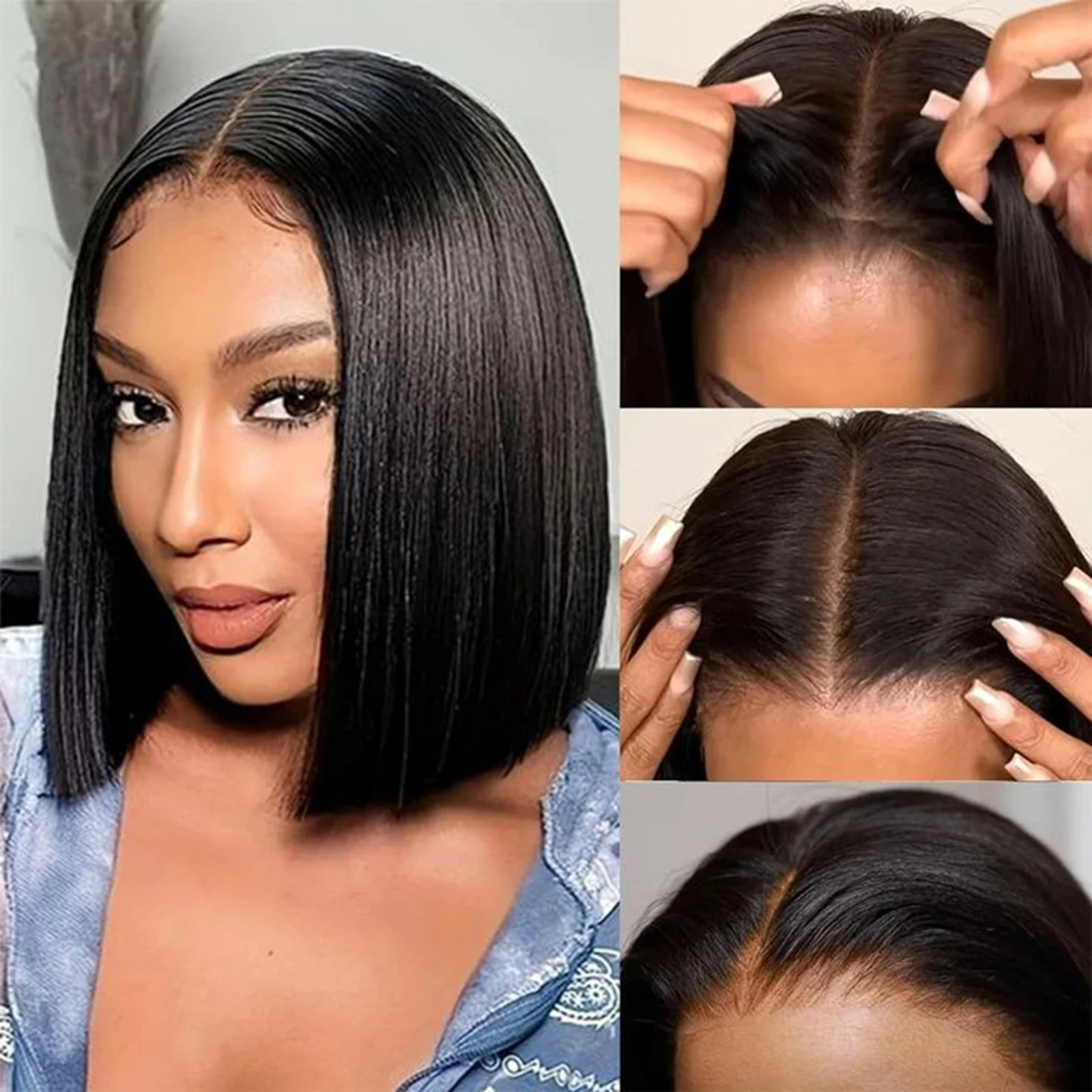 HD 4x4 Lace Closure Bone Straight Short Bob Lace Wig Remy 100% Human Hair Wig 13x4 Lace Frontal Wig for Black Women 200% Density