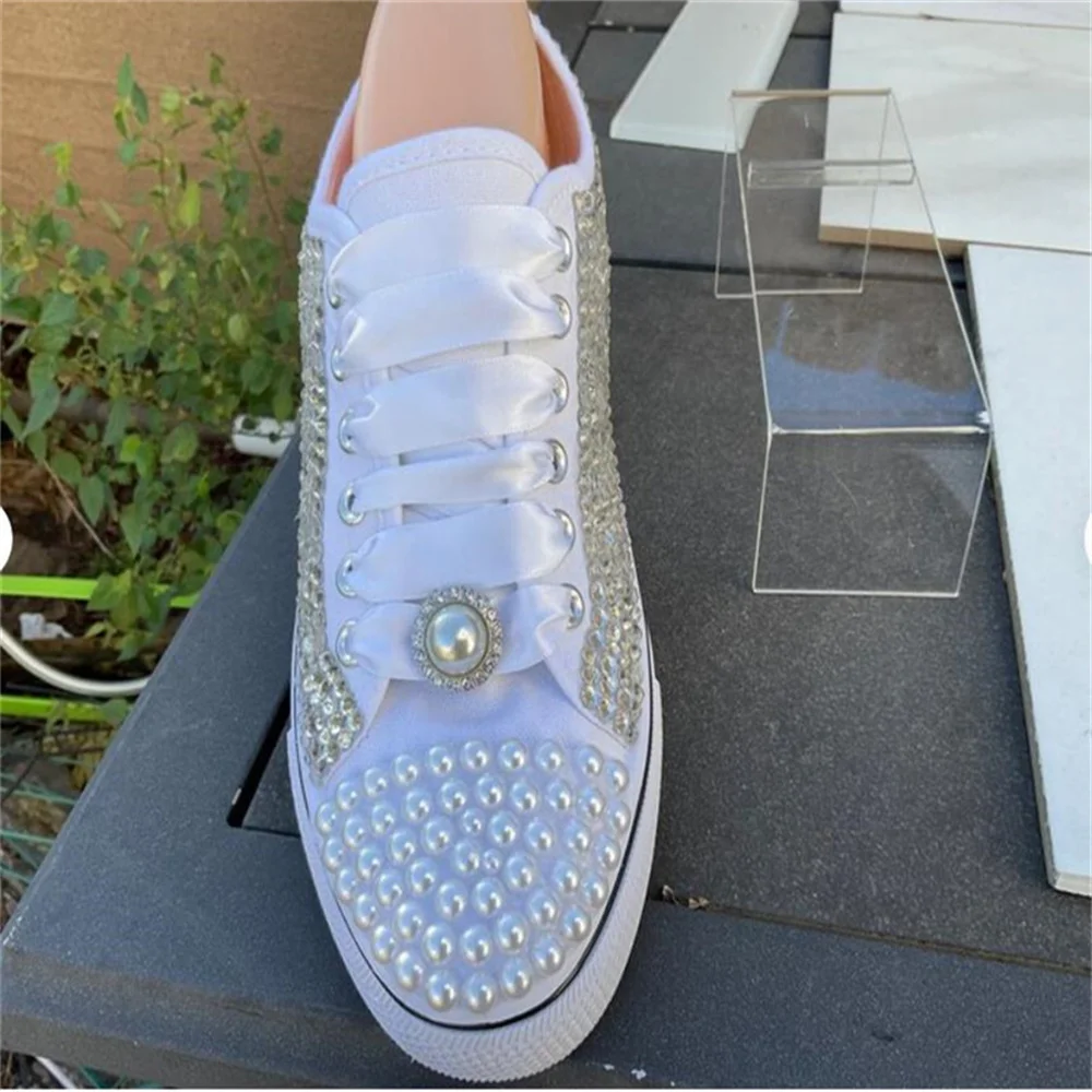 White low-top pearl rhinestones accessories ribbon custom style canvas shoes integrated sports casual shoes women's shoes 35-46