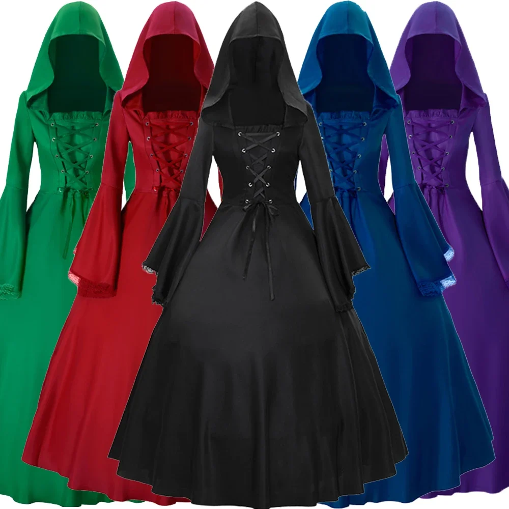 

Women's Halloween Party Lace-up Cloak Cape Gothic Dresses Witch Charming Flare Sleeve Big Swing Medieval Hooded Dress Costumes