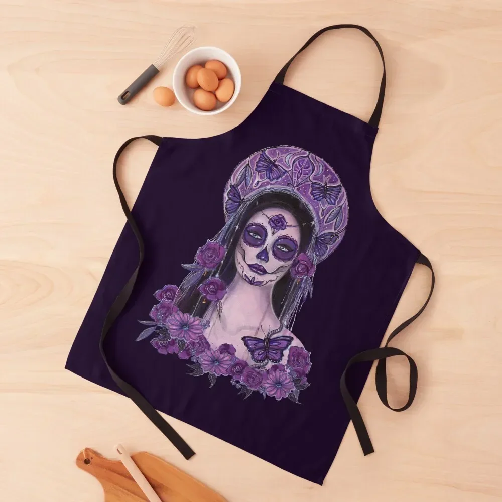 

Day of the dead purple roses and butterflies art by Renee Lavoie Apron cook wear Manicurists kitchen clothes Apron