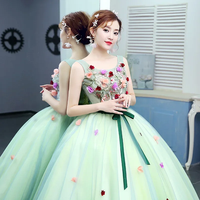 Green Ball Gown 3D Flower Quinceanera Dresses Luxury Appliques Floor Length Party Formal Dress Vintage Robe De Bal Vestidos