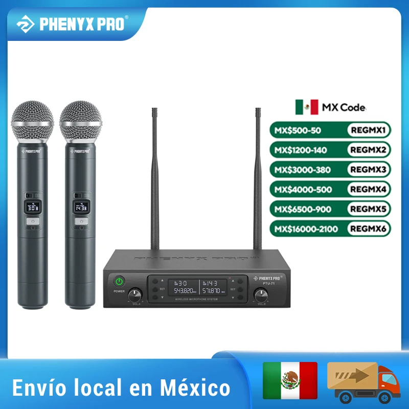 Phenyx Pro UHF Dual Wireless Microphone System Profeesional Adjustable Sturdy Metal Build 100M For Church, Singing, Karaoke