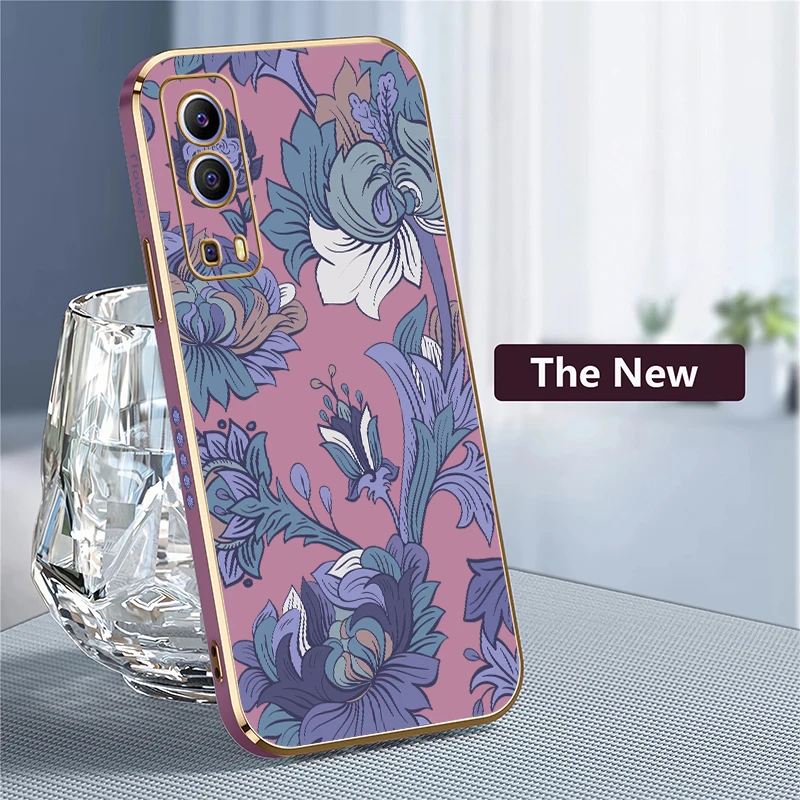 럭셔리 도금 소프트 TPU 폰 케이스 Vivo IQOO Z9 Z9X U5X U1X Neo Z3 Z7 충격 방지 실리콘 렌즈 보호 꽃무늬 커버