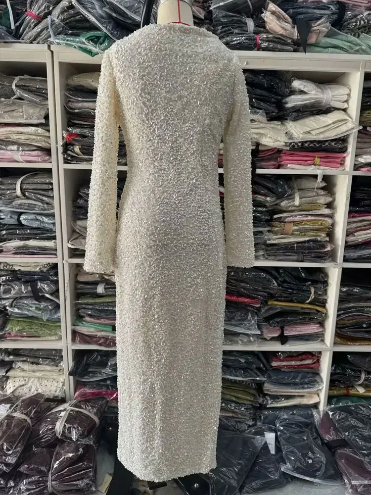 HH Autumn Party Dress Woman 2024 Trendy Solid O-Neck Long Sleeve Sequins Decorate Zipper Female High Street Long Dresses - Image 6