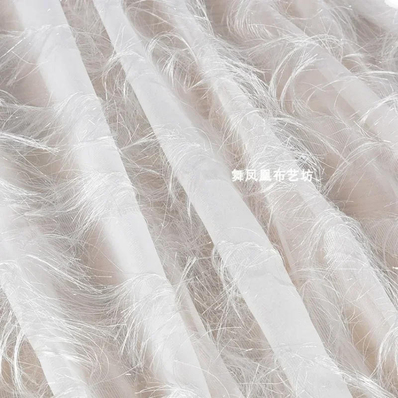 Jacquard Chiffon Fabric White Tassel Feather Dress Fashion Apparel Sewing Fabric Wholesale Cloth for By The Meter Diy Material