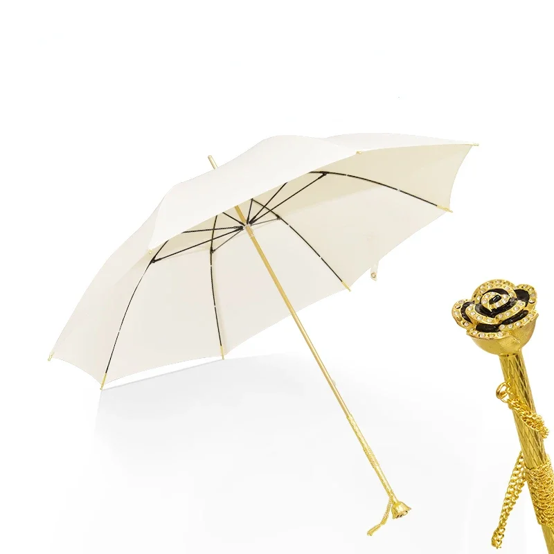 

High-value rose long-handled umbrella white photo girl exquisite light luxury umbrella straight rod literary umbrella