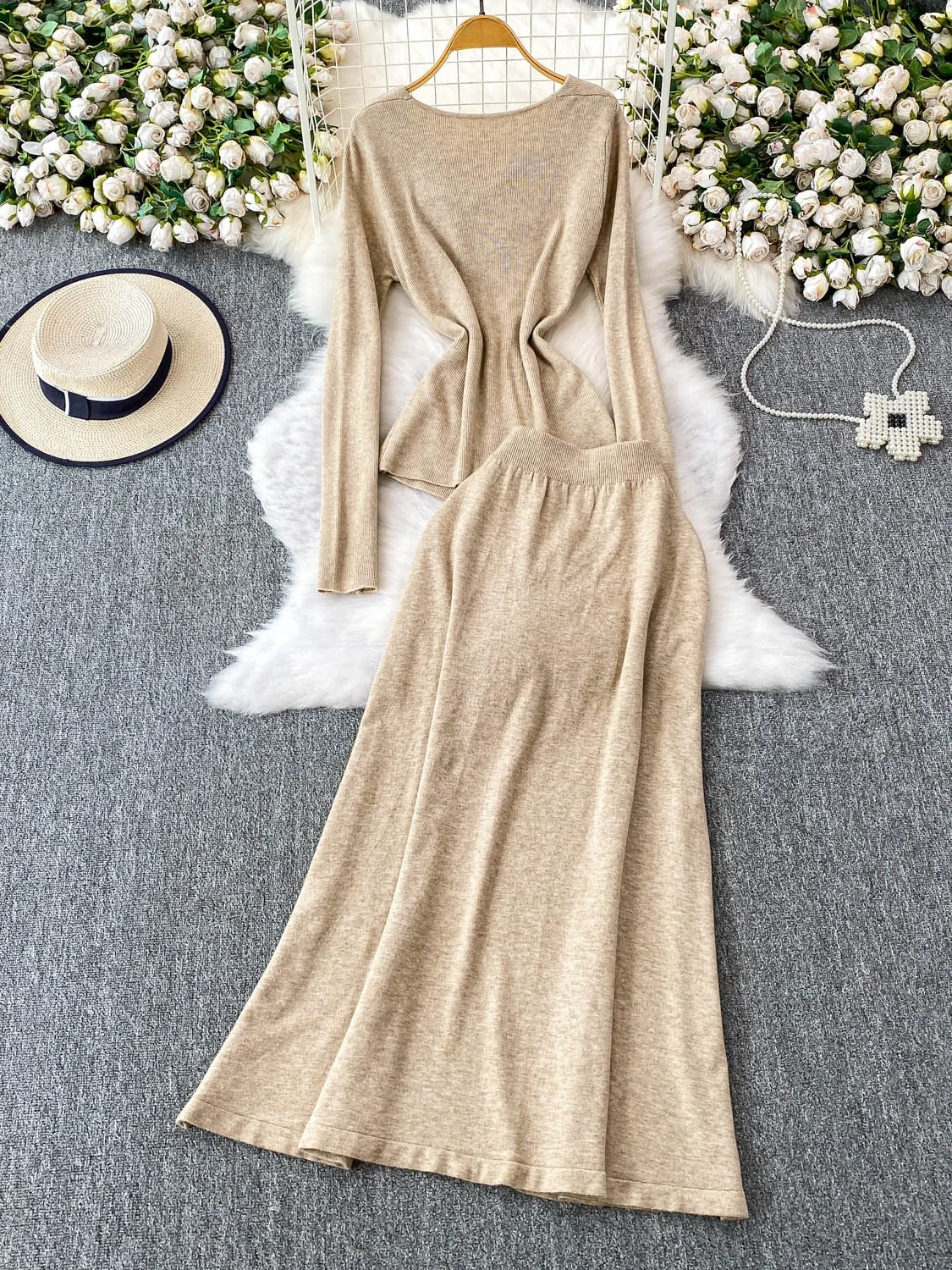 Ele V-Ne Long Sve T-Shirt, hoher Taillenrock, zweiteiliges Set, schlichtes Farboberteil für Herbst und Winter