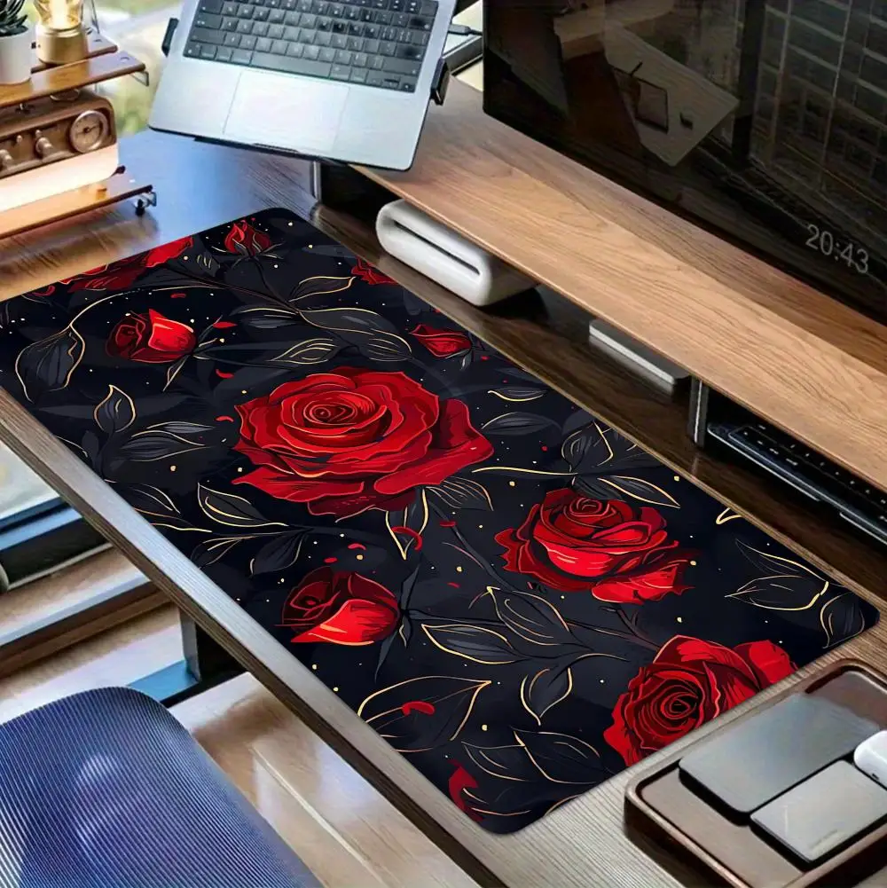 

1 шт. коврик для мыши с дизайном розы, большой коврик для компьютерной офисной игры, настольный коврик XXL, резиновые противоскользящие коврики для клавиатуры с прошитыми краями, длинные настольные коврики
