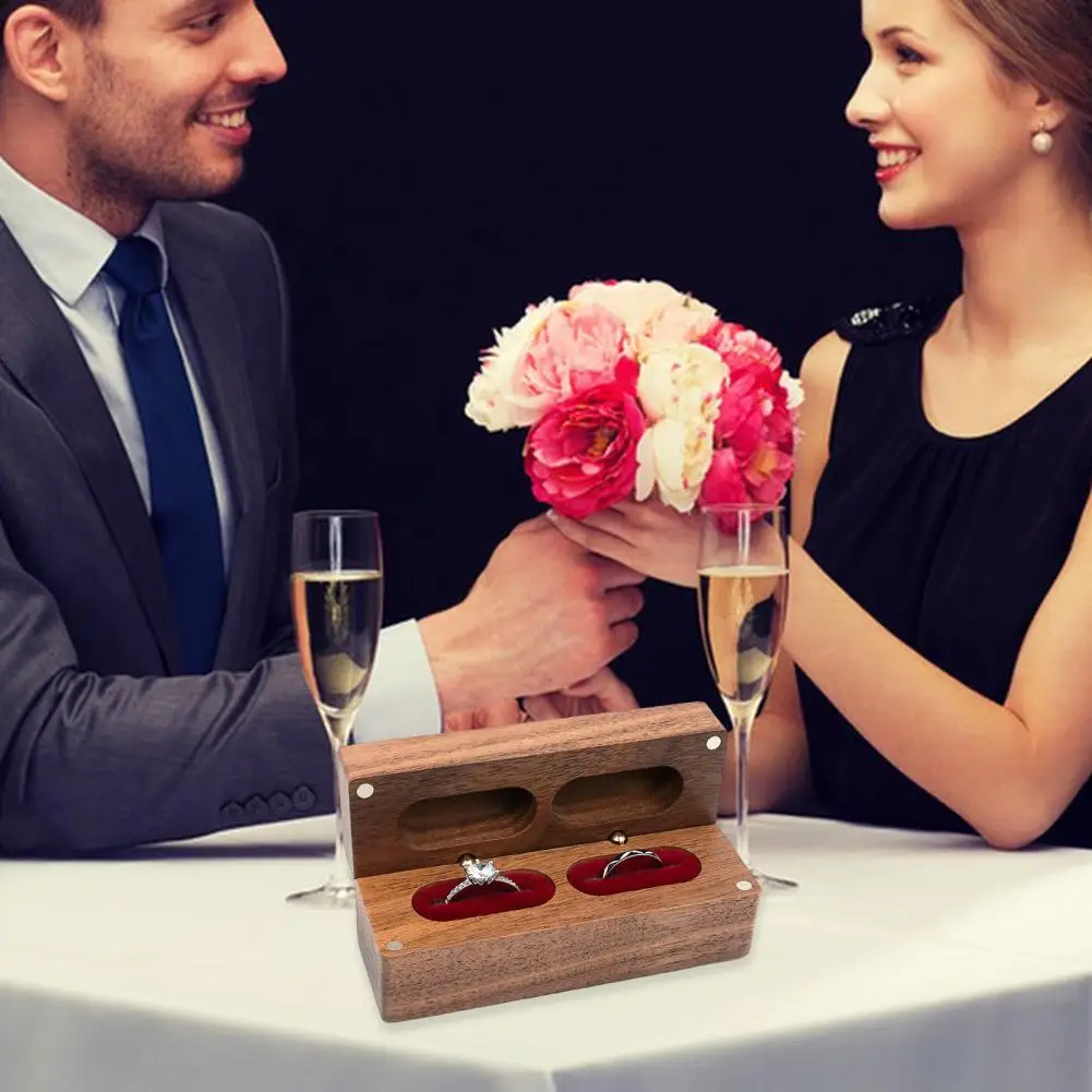 Proposal Ring Box Wooden Ring Box with Soft Lining Double Ring Storage Case for Proposal Engagement Wedding Jewelry Holder Gift