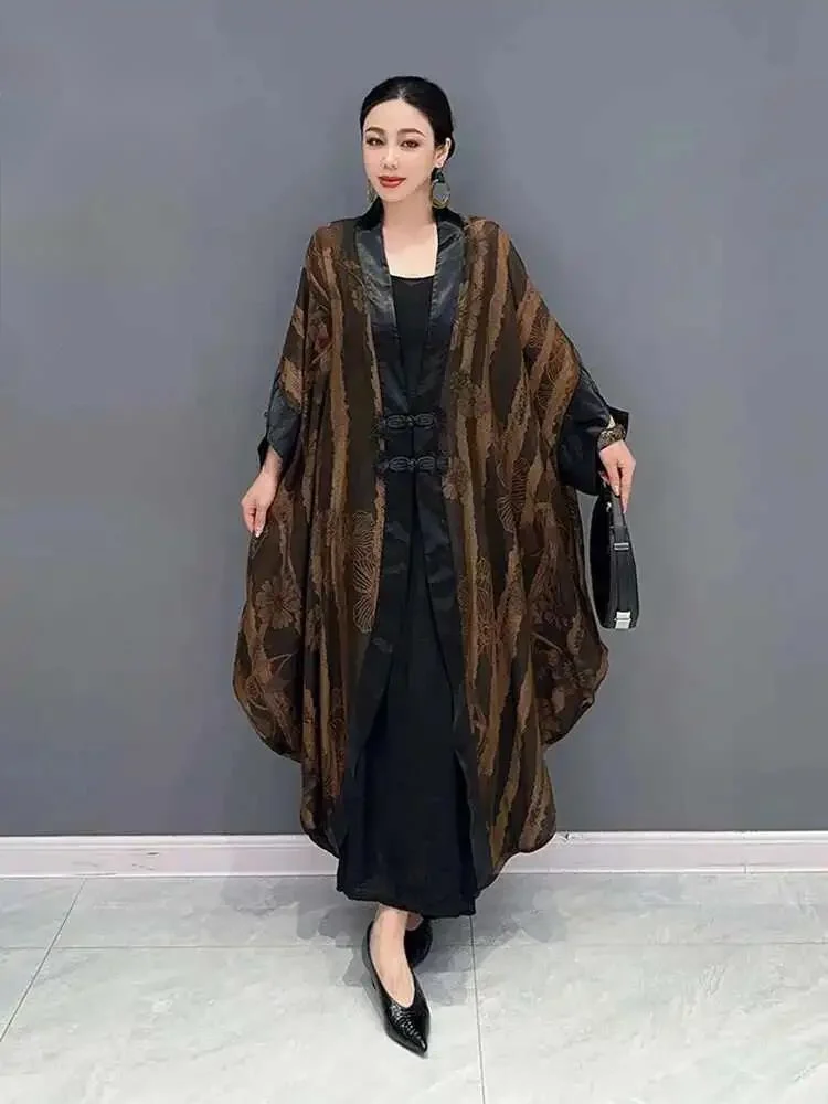 Fashion Printed Windbreak For Women V-neck Batwing Sleeve Patchwork Loose Coat Summer 2026 New Overcoat 5RM347