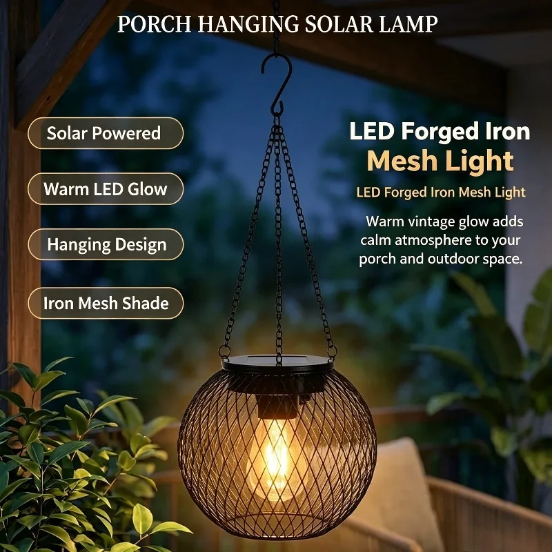 Solar Powered Iron Mesh Lantern Outdoor Hanging Lamp with Warm Glow for Patio Porch Garden Corridor Courtyard Landscape Decor
