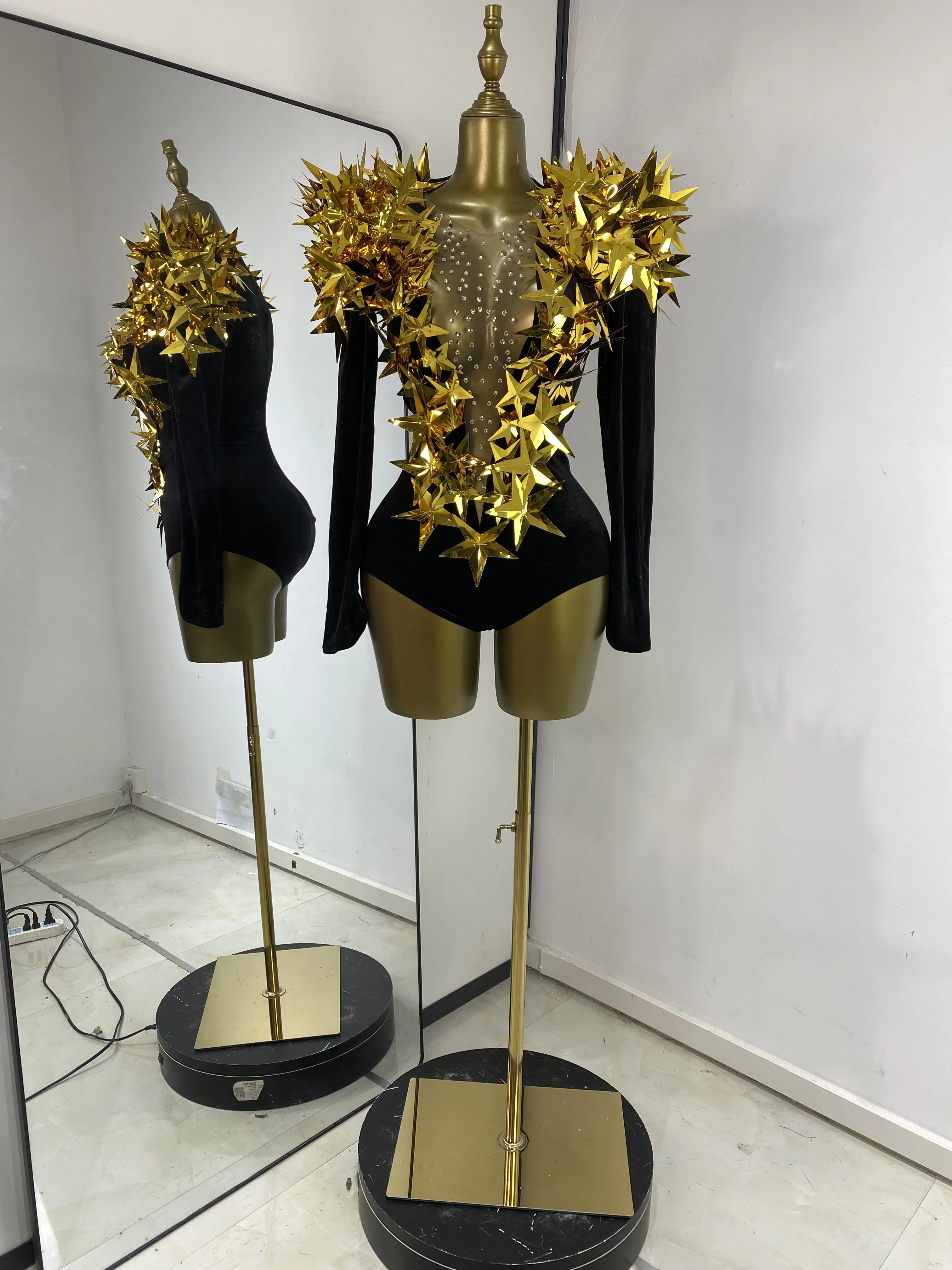 

Women Punk Style Stage Costumes Black Long Sleeve With Gold Stars Rhinestones Mesh Patchwork Leotard Nightbar Evening Club Party