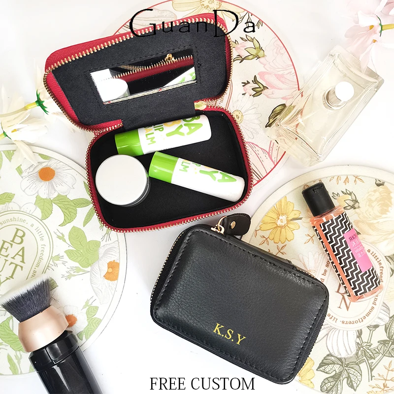 Custom Name Lady Cosmetic Box With Mirror Genuine Leather Luxury Woman Travel Portable Jewelry Case Personalized Lipstick Box