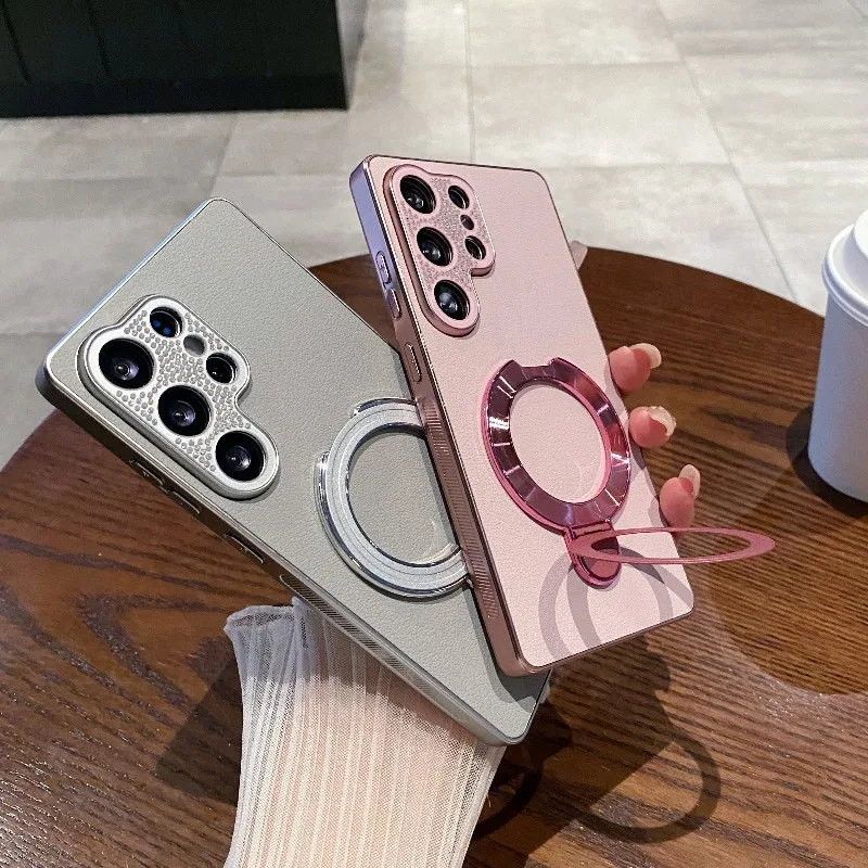 

Magnetic Kickstand Sparkling Lens Vegan Leather Phone Case for Samsung Galaxy S25, Shockproof for S25 Plus, Full Coverage Series
