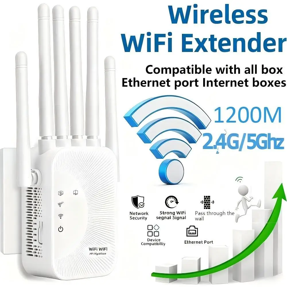 1200Mbps WiFi Repeater Dual Band 5G/2.4GHz Wireless Range Extender Signal Booster Network Amplifier for Whole Home Coverage