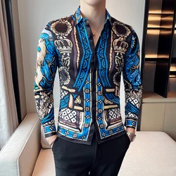 British Style Royal Crown Printed Men Shirts Dress Streetwear Slim Fit Long Sleeve Male Floral Shirt Tops Autumn Mens Fashions