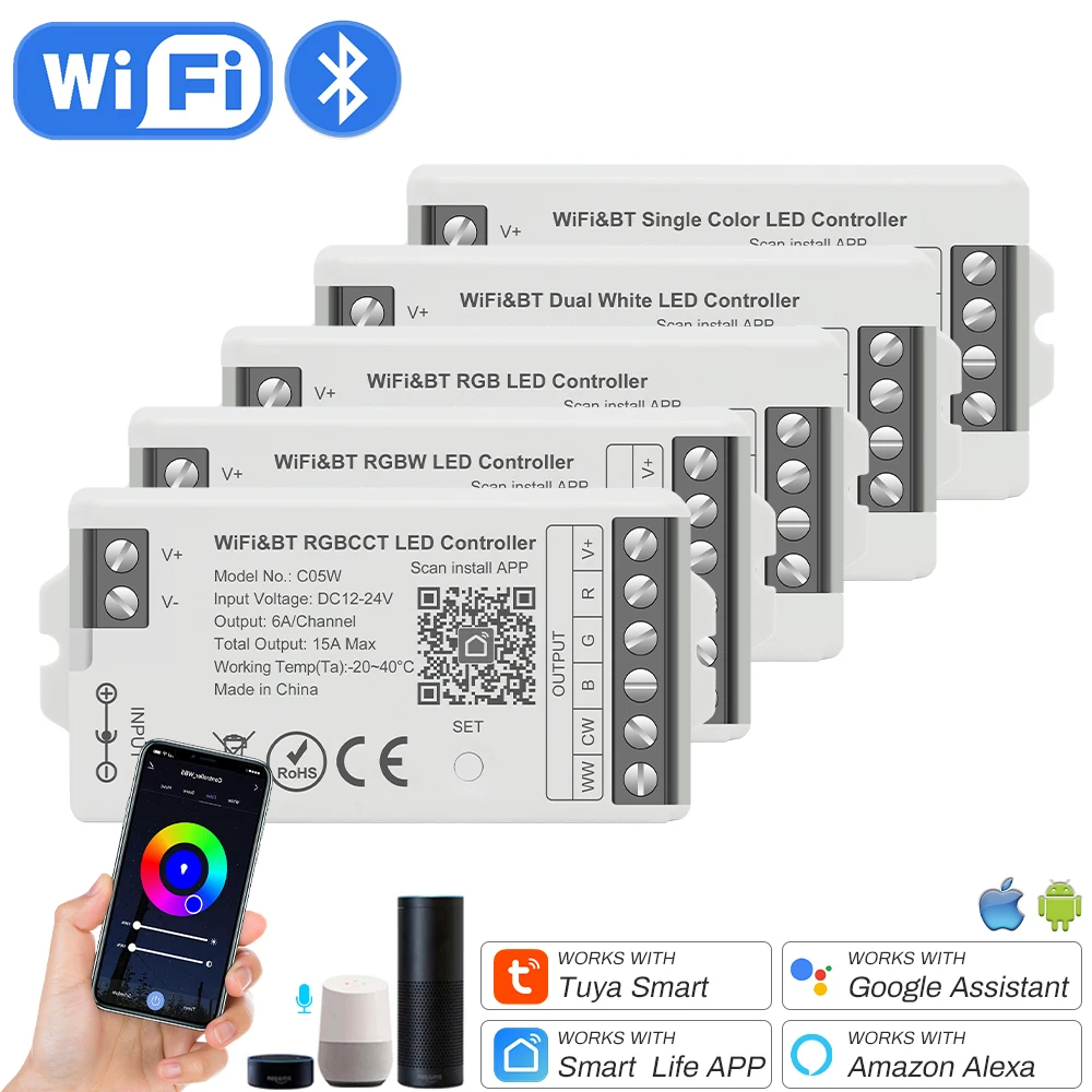 

12V-24V LED Dimmer Tuya WiFi LED Controller RGBW 5pin RGB 4pin CCT 3 pin LED Strip Smart Controller Work With Alexa Google Home