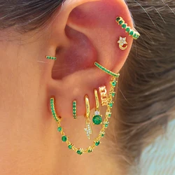 New Stainless Steel Green Cubic Zirconia Chain Hoop Earrings For Women Star Moon Lightning Cartilage Earring Piercing Jewelry