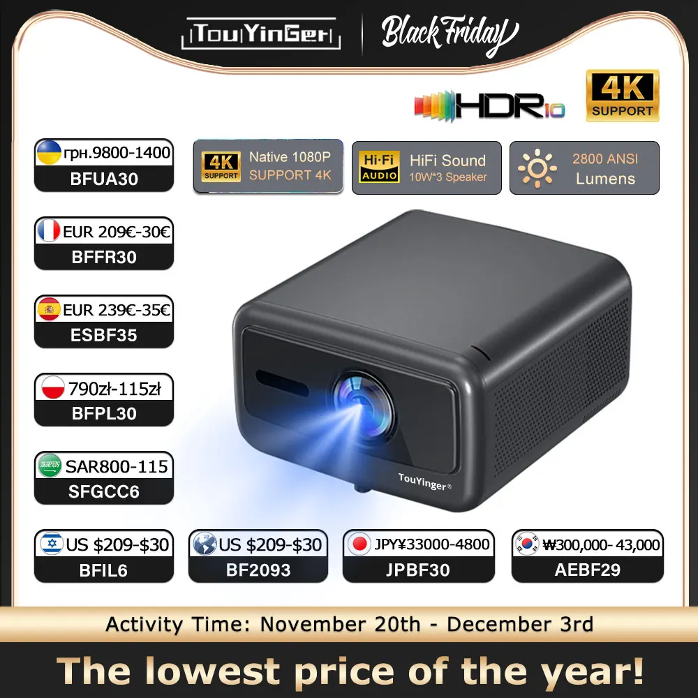 Touyinger Q12W PRO Proiettore Full HD 1080P 4K 2800 ANSI Android 12 Proiettore a fascio cinematografico per video conferenze per l'educazione domestica