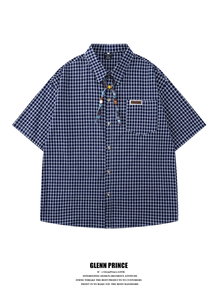 

GPstudio Japanese Retro Knot Color Block Plaid Short Sleeve Men's Summer Artistic Loose Couple Shirt Cotton Youth Fashion