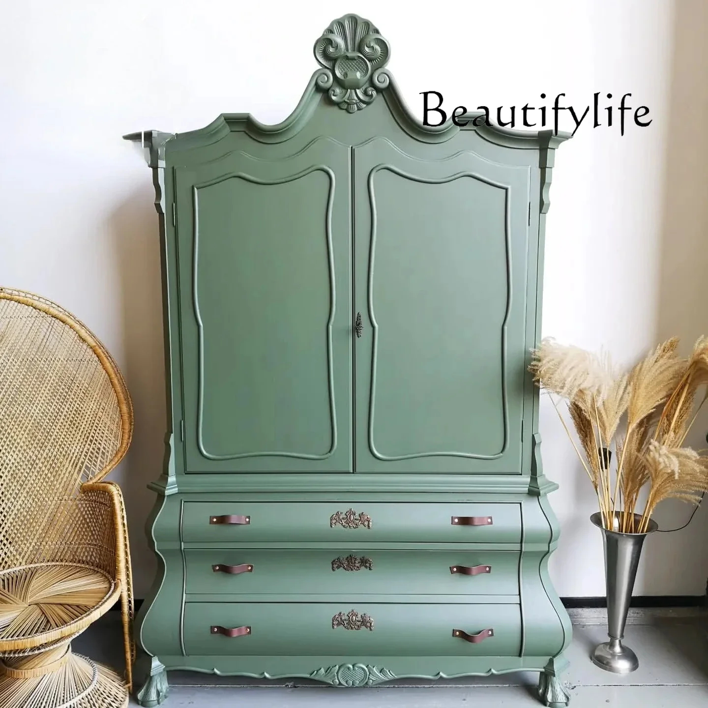 

French Solid Wood Carving Flower Living Room Decorative Cabinet American Modern Simple Dining Room Storage Wine Cabinet