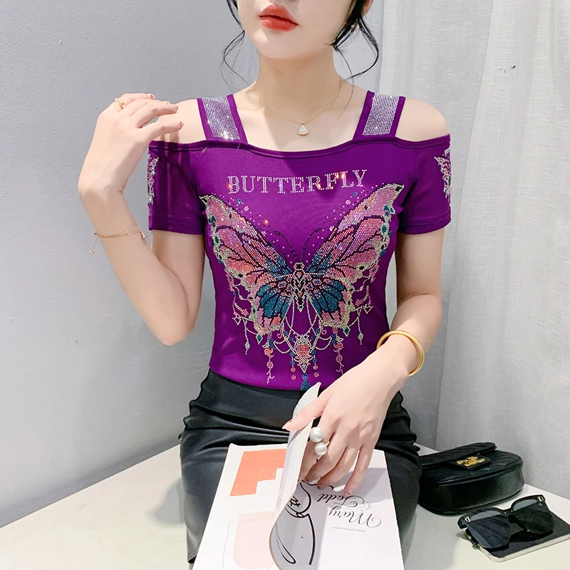 تيشيرتات شبكية ضيقة مكشوفة الكتفين لامعة للنساء ، تيشيرتات مصممة على شكل فراشة ، تيشيرتات فاخرة مثيرة ، صيف ، جديد #4